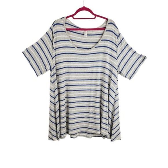 LuLaRoe Gray Top Blue White Horizontal Stripes Scoop Neck Slits Extra Wide - Picture 1 of 7